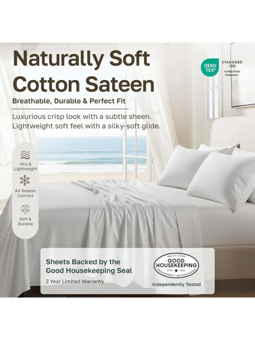 Soft 100% Cotton Sateen Full Size Sheet Set - 4 Piece Bright White Bedding